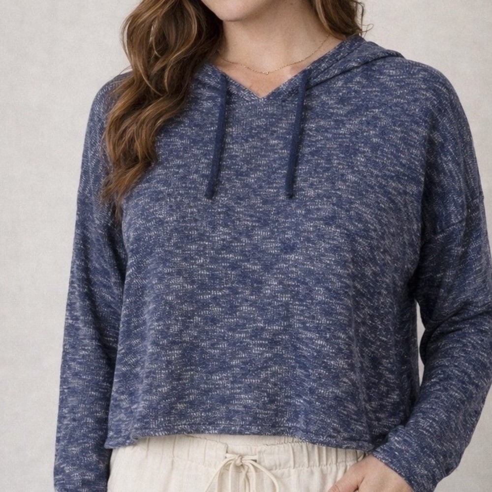 Eileen Fisher Organic Linen Cotton Cropped Hooded Sweater Navy Small Relaxed